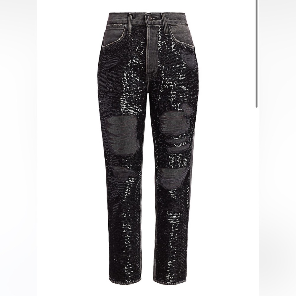 Frame Sequin Distressed High-Rise Straight-Leg Jeans